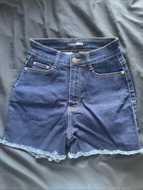 Fashion Nova Dark Blue Frayed High-Waist Denim Shorts